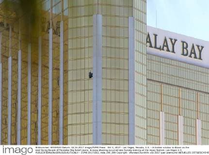 Oct 2, 2017 - Las Vegas, Nevada, U.S. - A broken window is shown on the east-facing facade of Mandalay Bay hotel-casino. A mass shooting occurred late Sunday evening at the music festival. Las Vegas U.S.  - ZUMA 20171002_mda_c98_009 Copyright: xRondaxChurchillx