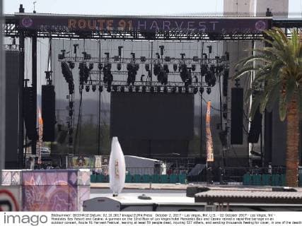 October 2, 2017 - Las Vegas, NV, U.S. - 02 October 2017 - Las Vegas, NV - Mandalay Bay Resort and Casino. A gunman on the 32nd floor of Las Vegas hotel Mandalay Bay and Casino rained a rapid-fire barrage on an outdoor concert, Route 91 Harvest Festival, leaving at least 59 people dead, injuring 527 others, and sending thousands fleeing for cover, in one of the deadliest mass shootings in American history. Photo Credit: MJT AdMedia Las Vegas U.S. - ZUMAa123 20171002_zaa_a123_018 Copyright: xMjtAdmediax