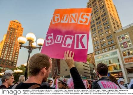 US: NYC ?responds? ?to? ?the? ?Las? ?Vegas? ?massacre Gays Against Guns organized a rally and march from Union Square Park to Times Square on October 2, 2017; in response to? ?the? ?Las? ?Vegas? ?massacre, hundreds marched raising their voices to declare that gun violence is an epidemic, gun violence is a public health crisis, gun violence is curable and it is not acceptable that americans are getting slaughtered as a result of gun violence.  ErikxMcGregor