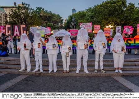 US: NYC ?responds? ?to? ?the? ?Las? ?Vegas? ?massacre Gays Against Guns organized a rally and march from Union Square Park to Times Square on October 2, 2017; in response to? ?the? ?Las? ?Vegas? ?massacre, hundreds marched raising their voices to declare that gun violence is an epidemic, gun violence is a public health crisis, gun violence is curable and it is not acceptable that americans are getting slaughtered as a result of gun violence.  ErikxMcGregor