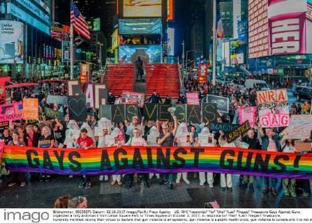 US: NYC ?responds? ?to? ?the? ?Las? ?Vegas? ?massacre Gays Against Guns organized a rally and march from Union Square Park to Times Square on October 2, 2017; in response to? ?the? ?Las? ?Vegas? ?massacre, hundreds marched raising their voices to declare that gun violence is an epidemic, gun violence is a public health crisis, gun violence is curable and it is not acceptable that americans are getting slaughtered as a result of gun violence.  ErikxMcGregor