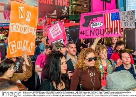 US: NYC ?responds? ?to? ?the? ?Las? ?Vegas? ?massacre Gays Against Guns organized a rally and march from Union Square Park to Times Square on October 2, 2017; in response to? ?the? ?Las? ?Vegas? ?massacre, hundreds marched raising their voices to declare that gun violence is an epidemic, gun violence is a public health crisis, gun violence is curable and it is not acceptable that americans are getting slaughtered as a result of gun violence.  ErikxMcGregor