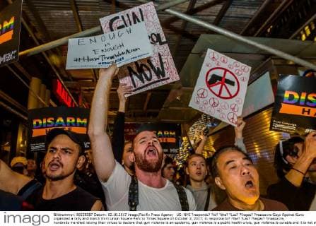 US: NYC ?responds? ?to? ?the? ?Las? ?Vegas? ?massacre Gays Against Guns organized a rally and march from Union Square Park to Times Square on October 2, 2017; in response to? ?the? ?Las? ?Vegas? ?massacre, hundreds marched raising their voices to declare that gun violence is an epidemic, gun violence is a public health crisis, gun violence is curable and it is not acceptable that americans are getting slaughtered as a result of gun violence.  ErikxMcGregor