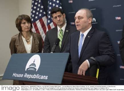 House Majority Whip Steve Scalise, R-LA, speaks alongside Speaker of the House Paul Ryan, R-WI, and Rep. Cathy McMorris Rodgers, R-WA, as they talk about the recent mass shooting in Las Vegas, on Capitol Hill in Washington, D.C. on October 3, 2017.  WAP20171003331 KEVINxDIETSCH