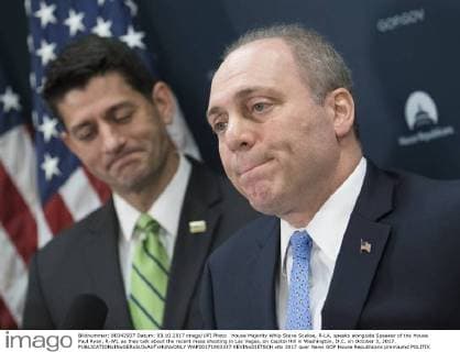 House Majority Whip Steve Scalise, R-LA, speaks alongside Speaker of the House Paul Ryan, R-WI, as they talk about the recent mass shooting in Las Vegas, on Capitol Hill in Washington, D.C. on October 3, 2017.  WAP20171003337 KEVINxDIETSCH