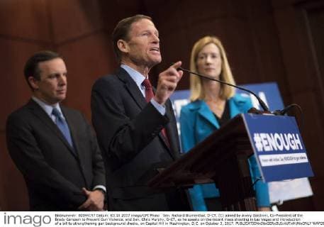 Sen. Richard Blumenthal, D-CT, (C) joined by Avery Gardiner, Co-President of the Brady Campain to Prevent Gun Violence, and Sen. Chris Murphy, D-CT, as he speaks on the recent mass shooting in Las Vegas and introduction of a bill to strengthening gun background checks, on Capitol Hill in Washington, D.C. on October 3, 2017.  WAP20171003350 KEVINxDIETSCH