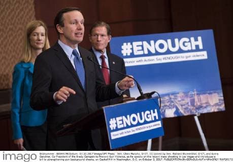 Sen. Chris Murphy, D-CT, (C) joined by Sen. Richard Blumenthal, D-CT, and Avery Gardiner, Co-President of the Brady Campain to Prevent Gun Violence, as he speaks on the recent mass shooting in Las Vegas and introduces a bill to strengthening gun background checks, on Capitol Hill in Washington, D.C. on October 3, 2017.  WAP20171003352 KEVINxDIETSCH