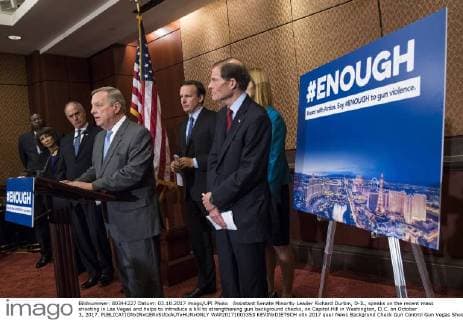 Assistant Senate Minority Leader Richard Durbin, D-IL, speaks on the recent mass shooting in Las Vegas and helps to introduce a bill to strengthening gun background checks, on Capitol Hill in Washington, D.C. on October 3, 2017.  WAP20171003353 KEVINxDIETSCH