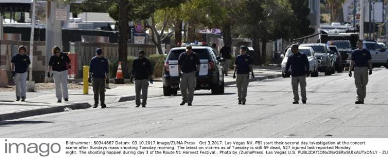 Oct 3,2017. Las Vegas NV. FBI start their second day investigation at the concert scene after Sundays mass shooting Tuesday morning. The latest on victims as of Tuesday is still 59 dead, 527 injured last reported Monday night. The shooting happen during day 3 of the Route 91 Harvest Festival.. Photo by ZumaPress. Las Vegas U.S. - ZUMAbl1_ 20171003_zaf_bl1_026 Copyright: xGenexBlevinsx