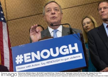 October 3, 2017 - Washington, District Of Columbia, USA - Senate Minority Whip Senator DICK DURBIN (D-IL) speaks during a press conference on gun violence held by Senate Democrats at the United States Capitol. The group of lawmakers demanded new legislation to bring forward gun control measures in response to the mass shooting in Las Vegas. Washington USA - ZUMAe113 20171003_zap_e113_121 Copyright: xAlexxEdelmanx