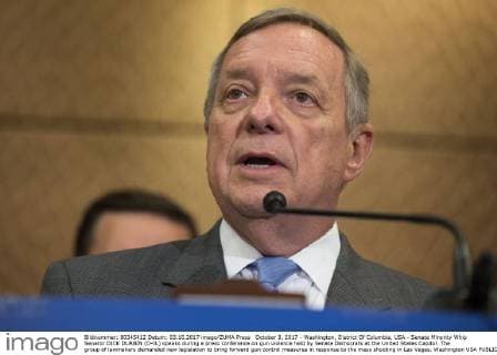 October 3, 2017 - Washington, District Of Columbia, USA - Senate Minority Whip Senator DICK DURBIN (D-IL) speaks during a press conference on gun violence held by Senate Democrats at the United States Capitol. The group of lawmakers demanded new legislation to bring forward gun control measures in response to the mass shooting in Las Vegas. Washington USA - ZUMAe113 20171003_zap_e113_119 Copyright: xAlexxEdelmanx