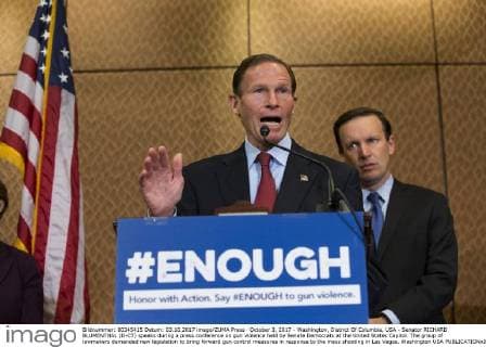 October 3, 2017 - Washington, District Of Columbia, USA - Senator RICHARD BLUMENTHAL (D-CT) speaks during a press conference on gun violence held by Senate Democrats at the United States Capitol. The group of lawmakers demanded new legislation to bring forward gun control measures in response to the mass shooting in Las Vegas. Washington USA - ZUMAe113 20171003_zap_e113_124 Copyright: xAlexxEdelmanx