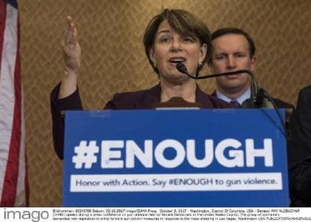 October 3, 2017 - Washington, District Of Columbia, USA - Senator AMY KLOBUCHAR (D-MN) speaks during a press conference on gun violence held by Senate Democrats at the United States Capitol. The group of lawmakers demanded new legislation to bring forward gun control measures in response to the mass shooting in Las Vegas. Washington USA - ZUMAe113 20171003_zap_e113_138 Copyright: xAlexxEdelmanx