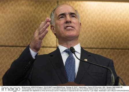 October 3, 2017 - Washington, District Of Columbia, USA - Senator BOB CASEY JR. (D-PA) speaks during a press conference on gun violence held by Senate Democrats at the United States Capitol. The group of lawmakers demanded new legislation to bring forward gun control measures in response to the mass shooting in Las Vegas. Washington USA - ZUMAe113 20171003_zap_e113_131 Copyright: xAlexxEdelmanx