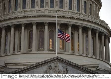 October 3, 2017 - Washington, District Of Columbia, USA - The flag of the United States of America flies at half-staff above the United States Capitol Building a day after the deadliest mass shooting in American history in Las Vegas, Nevada. Washington USA - ZUMAe113 20171003_zap_e113_141 Copyright: xAlexxEdelmanx