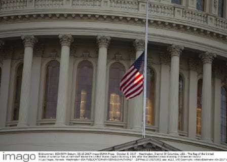 October 3, 2017 - Washington, District Of Columbia, USA - The flag of the United States of America flies at half-staff above the United States Capitol Building a day after the deadliest mass shooting in American history in Las Vegas, Nevada. Washington USA - ZUMAe113 20171003_zap_e113_140 Copyright: xAlexxEdelmanx