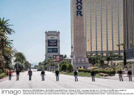October 3, 2017 - Las Vegas, Nevada, U.S - Members of the FBI walk a stretch of South Las Vegas Boulevard, which is still closed off to the public, near the Mandalay Hotel and the site of Sunday s mass shooting which claimed the lives of 59 people and injured hundreds of others. Las Vegas U.S. - ZUMAo102 20171003_zap_o102_034 Copyright: xNickxOttox