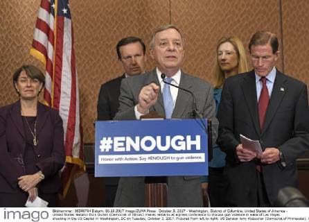 October 3, 2017 - Washington, District of Columbia, United States of America - United States Senator Dick Durbin (Democrat of Illinois) makes remarks at a press conference to discuss gun violence in wake of Las Vegas shooting in the US Capitol in Washington, DC on Tuesday, October 3, 2017. Pictured from left to right: US Senator Amy Klobuchar (Democrat of Minnesota); US Senator Chris Murphy (Democrat of Connecticut); Senator Durbin; Avery W. Gardiner, Co-President, the Brady Campaign to Prevent Gun Violence; and US Senator Richard Blumenthal (Democrat of Connecticut)..Credit: CNP Washington United States of America - ZUMAs152 20171003_zaa_s152_055 Copyright: xRonxSachsx
