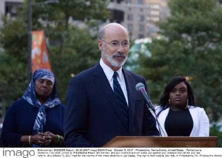 October 3, 2017 - Philadelphia, Pennsylvania, United States - Pennsylvania Governor Tom Wolf, joined by Philadelphia Mayor Jim Kenney, and gun violence activist speak out against gun violence and call for gun law reform, at a October 3, 2017 vigil for the victims of the mass shooting in Las Vegas. The vigil is held outside City Hall, in Philadelphia, PA. Philadelphia United States  - ZUMAn230 20171003_zaa_n230_775 Copyright: xBastiaanxSlabbersx