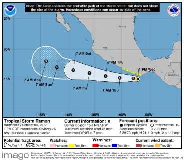 October 4, 2017 - Mexico - A new tropical storm has formed off the southern Pacific coast of Mexico. The U.S. National Hurricane Center says Tropical Storm Ramon is expected to move parallel to the coast over the next day or so, bringing heavy rain to the region, though it s not projected to reach hurricane force. The storm had maximum sustained winds of 45 mph (75 kph) early Wednesday and it was centered about 100 miles (165 kilometers) south-southeast of Puerto Angel. It was moving west at 9 mph (15 kph). Mexico  - ZUMA 20171004_shz_z03_182 Copyright: xNOAAx
