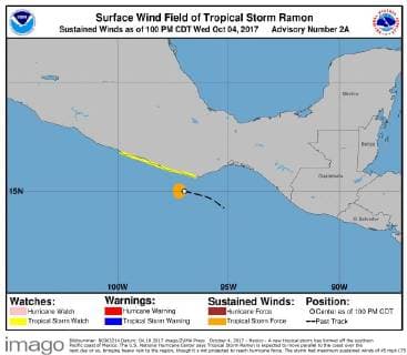 October 4, 2017 - Mexico - A new tropical storm has formed off the southern Pacific coast of Mexico. The U.S. National Hurricane Center says Tropical Storm Ramon is expected to move parallel to the coast over the next day or so, bringing heavy rain to the region, though it s not projected to reach hurricane force. The storm had maximum sustained winds of 45 mph (75 kph) early Wednesday and it was centered about 100 miles (165 kilometers) south-southeast of Puerto Angel. It was moving west at 9 mph (15 kph). Mexico  - ZUMA 20171004_shz_z03_183 Copyright: xNOAAx