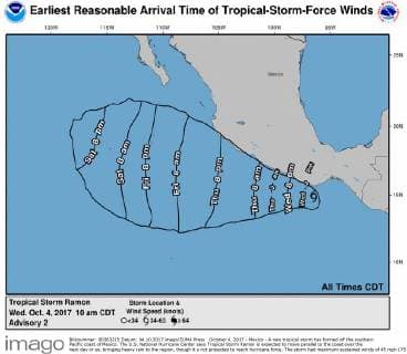 October 4, 2017 - Mexico - A new tropical storm has formed off the southern Pacific coast of Mexico. The U.S. National Hurricane Center says Tropical Storm Ramon is expected to move parallel to the coast over the next day or so, bringing heavy rain to the region, though it s not projected to reach hurricane force. The storm had maximum sustained winds of 45 mph (75 kph) early Wednesday and it was centered about 100 miles (165 kilometers) south-southeast of Puerto Angel. It was moving west at 9 mph (15 kph). Mexico  - ZUMA 20171004_shz_z03_184 Copyright: xNOAAx