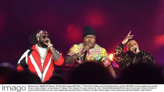 T-Pain,Trick Daddy and DJ Khaled perform at the 2017 BET Hip Hop award show at the Fillmore Miami Beach, Jackie Gleason Theater, Miami Beach, Florida, October 6, 2017.  MIA20171006110 GARYxIxROTHSTEIN