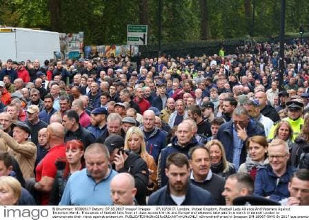 . 07 10 2017. London, United Kingdom. Football Lads Alliance And Veterans Against Terrorism March. Thousands of football fans from all clubs across the UK and Europe and veterans take part in a march in central London to demonstrate their views against extremism.  xDinendraxHariax xi-Imagesx IIM-16067-0040