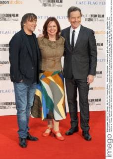 American filmmaker, screenwriter and actor Richard Linklater, Australian film festival director Clare Stewart and American actor Bryan Cranston attend the premiere of Last Flying Flag during the 61st BFI London Film Festival at Odeon Cinema Leicester Square in London. OCTOBER 8th 2017  TSTx172369