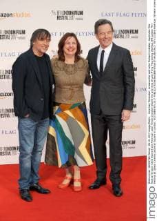 American filmmaker, screenwriter and actor Richard Linklater, Australian film festival director Clare Stewart and American actor Bryan Cranston attend the premiere of Last Flying Flag during the 61st BFI London Film Festival at Odeon Cinema Leicester Square in London. OCTOBER 8th 2017  TSTx172369