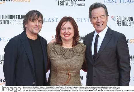 American filmmaker, screenwriter and actor Richard Linklater, Australian film festival director Clare Stewart and American actor Bryan Cranston attend the premiere of Last Flying Flag during the 61st BFI London Film Festival at Odeon Cinema Leicester Square in London. OCTOBER 8th 2017  RHDx172370