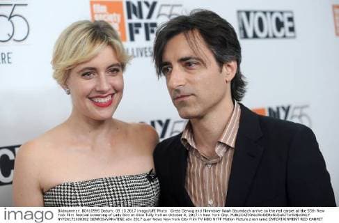 Greta Gerwig and filmmaker Noah Baumbach arrive on the red carpet at the 55th New York Film Festival screening of Lady Bird at Alice Tully Hall on October 8, 2017 in New York City.  NYP20171008302 DENNISxVANxTINE