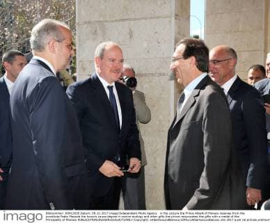 in the picture the Prince Albert of Monaco receives from the prostitute Fabio Mazzola the honoris causa degree in marine ecology and other gifts the prince reciprocates the gifts with a medal of the Principality of Monaco  Copyright: xAlbertoxLoxBiancox xIPAx xAlbertoxLoxBiancox