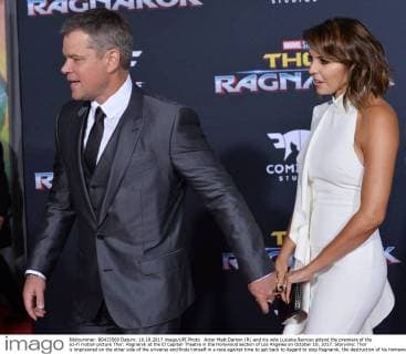 Actor Matt Damon (RL and his wife Luciana Barroso attend the premiere of the sci-fi motion picture Thor: Ragnarok at the El Capitan Theatre in the Hollywood section of Los Angeles on October 10, 2017. Storyline: Thor is imprisoned on the other side of the universe and finds himself in a race against time to get back to Asgard to stop Ragnarok, the destruction of his homeworld and the end of Asgardian civilization, at the hands of an all-powerful new threat, the ruthless Hela.  LAP2017101042 JIMxRUYMEN