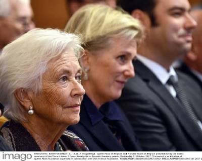 Queen Paola of Belgium and Princess Astrid of Belgium pictured during the award ceremony of the Terre d avenir Focus Aarde prize in Brussels Academy palace, Wednesday 11 October 2017. This award is an initiative of Queen Paola foundation organised in collaboration with Dirk Frimout foundation.  ERICxLALMAND 05181392
