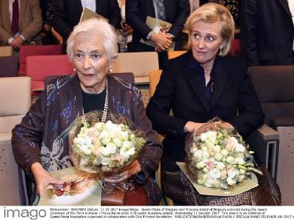 Queen Paola of Belgium and Princess Astrid of Belgium pictured during the award ceremony of the Terre d avenir Focus Aarde prize in Brussels Academy palace, Wednesday 11 October 2017. This award is an initiative of Queen Paola foundation organised in collaboration with Dirk Frimout foundation.  ERICxLALMAND 05181408