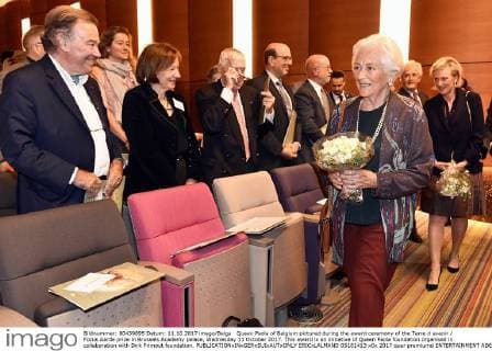 Queen Paola of Belgium pictured during the award ceremony of the Terre d avenir Focus Aarde prize in Brussels Academy palace, Wednesday 11 October 2017. This award is an initiative of Queen Paola foundation organised in collaboration with Dirk Frimout foundation.  ERICxLALMAND 05181413