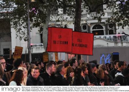 Protest during the film premiere of Three Billboards Outside Ebbing, Missouri London Film Festival closing gala, held at London s Odeon Cinema Leicester Square. OCTOBER 15th 2017  TSTx172433