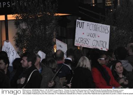 Protest during the film premiere of Three Billboards Outside Ebbing, Missouri London Film Festival closing gala, held at London s Odeon Cinema Leicester Square. OCTOBER 15th 2017  TSTx172433