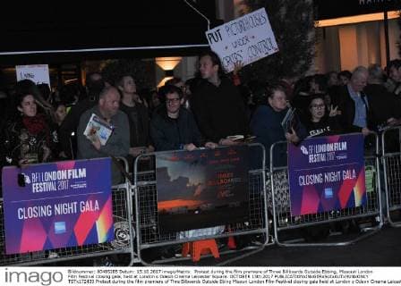Protest during the film premiere of Three Billboards Outside Ebbing, Missouri London Film Festival closing gala, held at London s Odeon Cinema Leicester Square. OCTOBER 15th 2017  TSTx172433