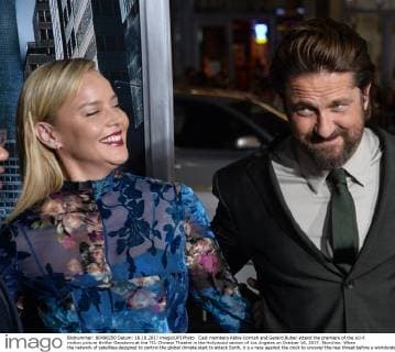 Cast members Abbie Cornish and Gerard Butler attend the premiere of the sci-fi motion picture thriller Geostorm at the TCL Chinese Theatre in the Hollywood section of Los Angeles on October 16, 2017. Storyline: When the network of satellites designed to control the global climate start to attack Earth, it s a race against the clock to uncover the real threat before a worldwide geostorm wipes out everything and everyone.  LAP2017101634 JIMxRUYMEN