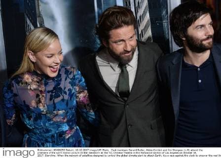 Cast members Gerard Butler, Abbie Cornish and Jim Sturgess (L-R) attend the premiere of the sci-fi motion picture thriller Geostorm at the TCL Chinese Theatre in the Hollywood section of Los Angeles on October 16, 2017. Storyline: When the network of satellites designed to control the global climate start to attack Earth, it s a race against the clock to uncover the real threat before a worldwide geostorm wipes out everything and everyone.  LAP2017101638 JIMxRUYMEN