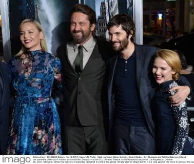 Cast members Abbie Cornish, Gerard Butler, Jim Sturgess and Talitha Bateman attend the premiere of the sci-fi motion picture thriller Geostorm at the TCL Chinese Theatre in the Hollywood section of Los Angeles on October 16, 2017. Storyline: When the network of satellites designed to control the global climate start to attack Earth, it s a race against the clock to uncover the real threat before a worldwide geostorm wipes out everything and everyone.  LAP2017101624 JIMxRUYMEN