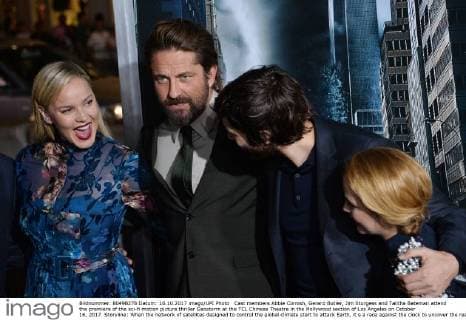 Cast members Abbie Cornish, Gerard Butler, Jim Sturgess and Talitha Bateman attend the premiere of the sci-fi motion picture thriller Geostorm at the TCL Chinese Theatre in the Hollywood section of Los Angeles on October 16, 2017. Storyline: When the network of satellites designed to control the global climate start to attack Earth, it s a race against the clock to uncover the real threat before a worldwide geostorm wipes out everything and everyone.  LAP2017101627 JIMxRUYMEN