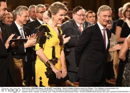 Queen Mathilde of Belgium and King Philippe - Filip of Belgium pictured before the start of the yearly concert at the Royal Palace, in Brussels, to thank young talents in entrepreneurship, in the culture sector and scientific world, Thursday 19 October 2017.  YORICKxJANSENS 05186155