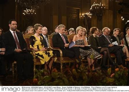 Queen Mathilde of Belgium, King Philippe - Filip of Belgium and Princess Astrid of Belgium pictured before the start of the yearly concert at the Royal Palace, in Brussels, to thank young talents in entrepreneurship, in the culture sector and scientific world, Thursday 19 October 2017.  YORICKxJANSENS 05186156
