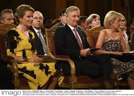 Queen Mathilde of Belgium, King Philippe - Filip of Belgium and Princess Astrid of Belgium pictured before the start of the yearly concert at the Royal Palace, in Brussels, to thank young talents in entrepreneurship, in the culture sector and scientific world, Thursday 19 October 2017.  YORICKxJANSENS 05186157