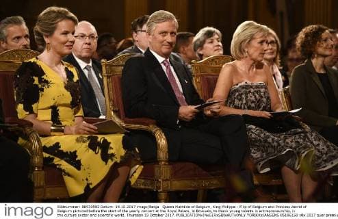 Queen Mathilde of Belgium, King Philippe - Filip of Belgium and Princess Astrid of Belgium pictured before the start of the yearly concert at the Royal Palace, in Brussels, to thank young talents in entrepreneurship, in the culture sector and scientific world, Thursday 19 October 2017.  YORICKxJANSENS 05186158
