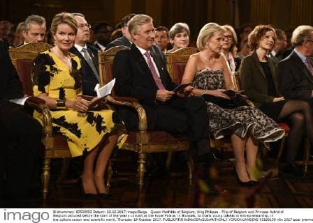 Queen Mathilde of Belgium, King Philippe - Filip of Belgium and Princess Astrid of Belgium pictured before the start of the yearly concert at the Royal Palace, in Brussels, to thank young talents in entrepreneurship, in the culture sector and scientific world, Thursday 19 October 2017.  YORICKxJANSENS 05186159