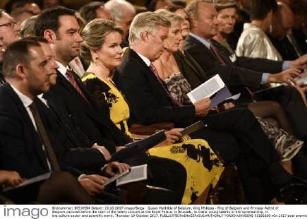 Queen Mathilde of Belgium, King Philippe - Filip of Belgium and Princess Astrid of Belgium pictured before the start of the yearly concert at the Royal Palace, in Brussels, to thank young talents in entrepreneurship, in the culture sector and scientific world, Thursday 19 October 2017.  YORICKxJANSENS 05186160